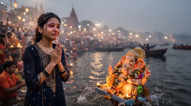 Indian Woman Praying During Lord Ganesha Visarjan at Riverside with Glowing Festival Lights