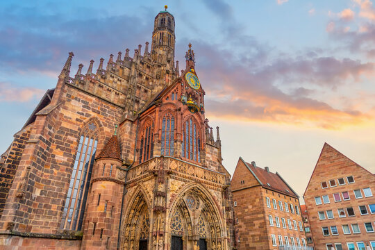 Stunning evening view of  the Gothic Frauenkirche church at the main market square in Nuremberg