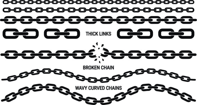Black Chain Link Vector Set with Thick Links Broken Chains and Wavy Curved Silhouettes for Metal Border Pattern Brushes and Security Graphic Designs