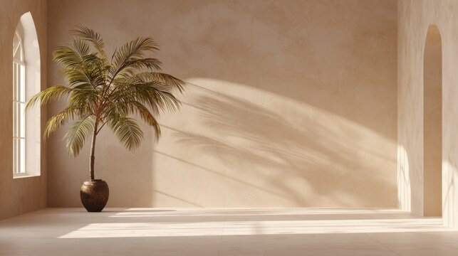 Minimalist interior with a palm tree in a pot
