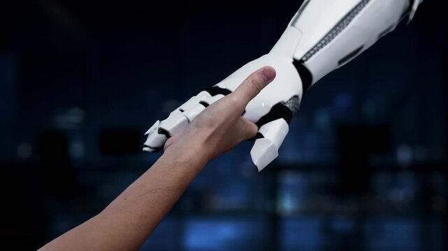 A creative representation of a hand interacting with a digital robot that showcases multiple languages, symbolizing the future of communication and technology. Synapse
