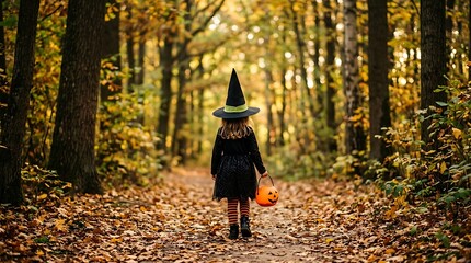 Obraz premium Little girl dressed as witch walking through golden autumn forest carrying plastic pumpkin candy bucket container