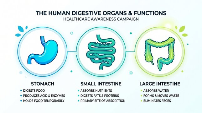 Human digestive organs infographic with functions