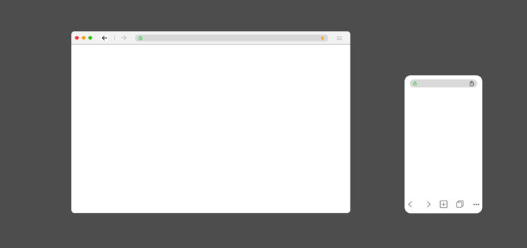 Browser window for computer and mobile. Mockup of web site screen. Template of browser for laptop and smartphone in white simple, flat design. Blank page with search bar and toolbar.