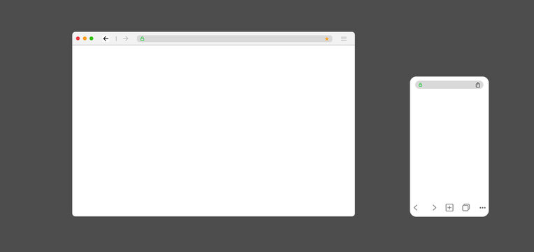 Browser window for computer and mobile. Mockup of web site screen. Template of browser for laptop and smartphone in white simple, flat design. Blank page with search bar and toolbar.