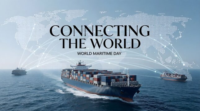 Connecting the world typography with cargo ship and maritime logistics background