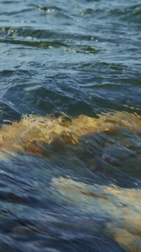 Ripples move over sunlit rocks in calm water. Waves gently touch stone, reflecting golden hues. Ideal for nature, travel, or coastal-themed projects. No people or animals present