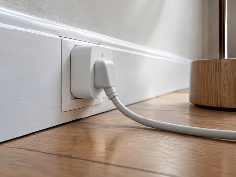 Smart plug in skirting board socket with lamp cord running along the floor in natural light