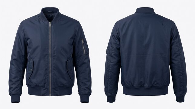 Navy Blue Bomber Jacket Front and Back View Isolated on White Background Mockup