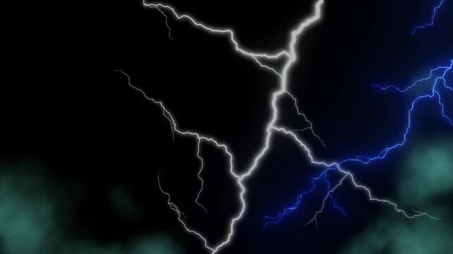 Bright lightning strikes flashing across a dark cloudy night sky