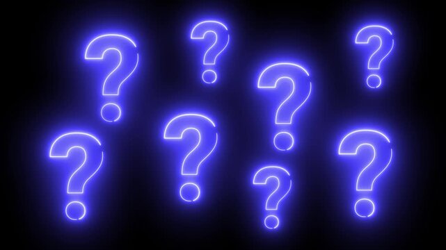 Blue glowing question marks appear against dark void