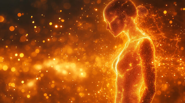 Futuristic concept of a luminous human body made of glowing digital particles and light energy