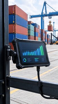 Vertical view of a shipping container yard with a rugged tablet showing an abstract ledger chart in daylight