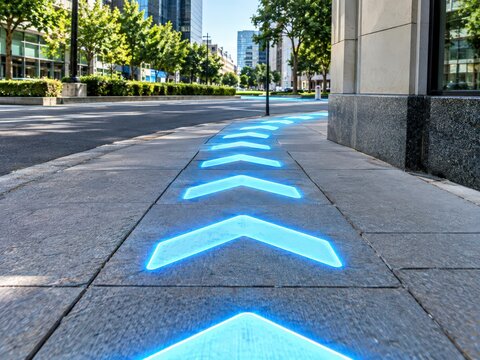Glowing augmented reality navigation arrows on pavement lead around a corner in bright city daylight