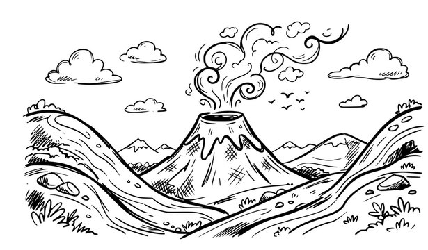 Whimsical Volcano Hills Clouds Hand Drawn Doodle Black Ink Vector Illustration