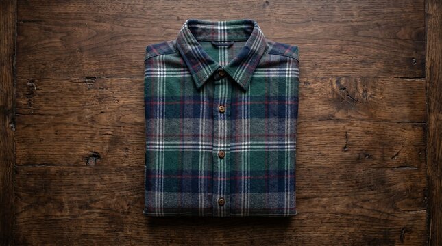 Folded Green Navy and Gray Tartan Plaid Flannel Shirt on Dark Wooden Table Top View
