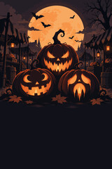Fototapeta premium Spooky Halloween background with glowing carved jack o lanterns under a large full moon in the night sky