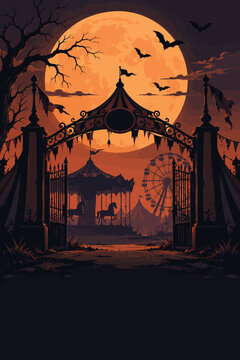 Spooky abandoned carnival gate entrance at night under a large full moon with bats and silhouettes of circus rides