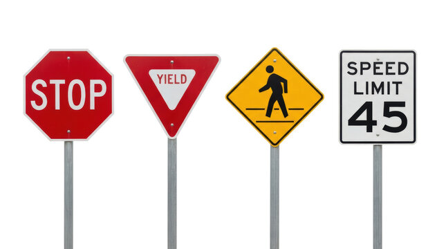Set of standard traffic signs including stop, yield, pedestrian crossing, and speed limit on white