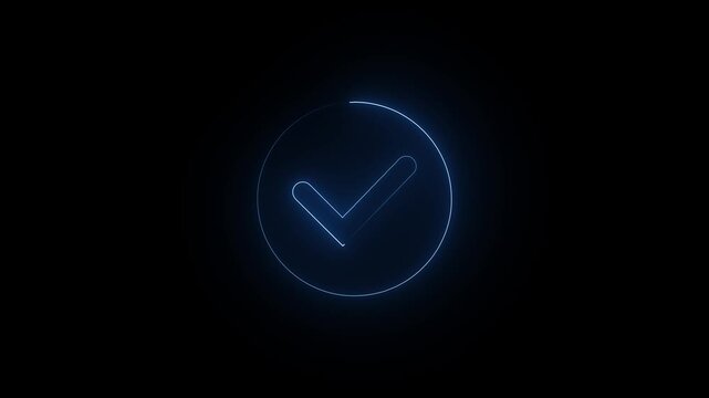 Glowing blue check mark inside a circle saber animated on a black background.Neon Tick mark correct yes right select finishing sign symbol animation, 4k video.
