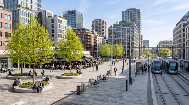 Pedestrians walking through a sunny urban plaza with green trees, outdoor cafe seating, and a tram moving along tracks in the city center
