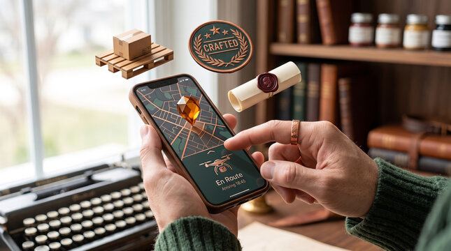 Hands holding smartphone showing delivery tracking map app with floating 3D shipping and crafted artisan icons.