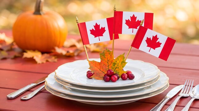 Canadian Thanksgiving Table Setting with Canada Flags, Pumpkin and Cranberries on Red Wood