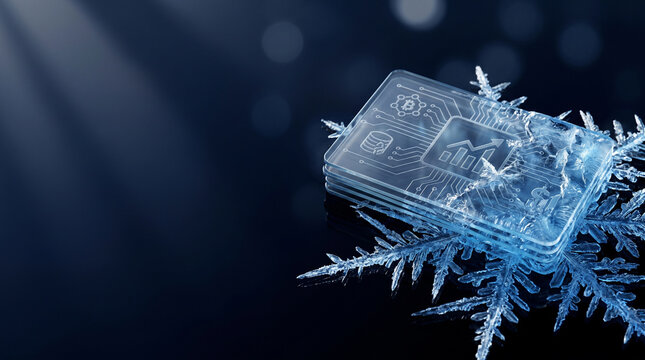 Abstract 3D render of a frozen glass microchip with cryptocurrency and financial icons, crypto winter and economic freeze concept.