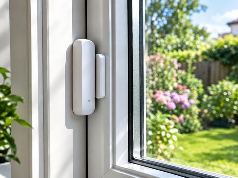 Wireless contact sensor installed on bright sash window with garden view
