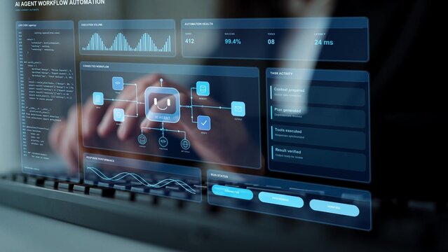 A person types on a keyboard. Planning code accompanies an AI task sequence that gathers context, invokes tools and checks outcomes before completing the requested operation