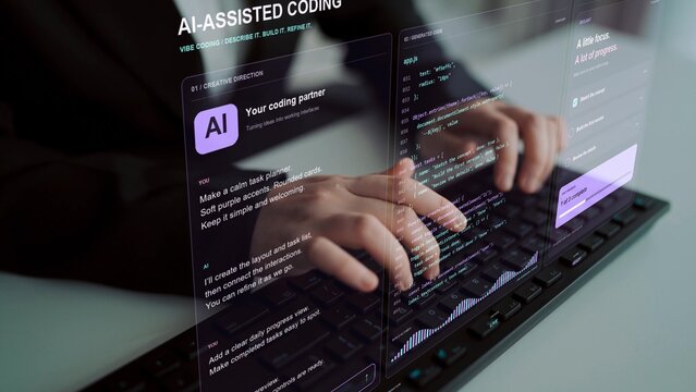A person types on a keyboard. Conversational coding illustrates a path from describing an application to reviewing its behavior, using a task planner as the working software example
