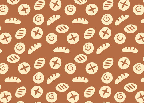 Bakery illustration pattern with brown background, food packaging, menu illustration hand drawn print ads, food business, bakeshop