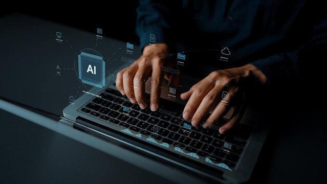 AI specialist works on a laptop. AI document management connects business records, reports and contracts with teams and services, supporting classification and access to shared knowledge