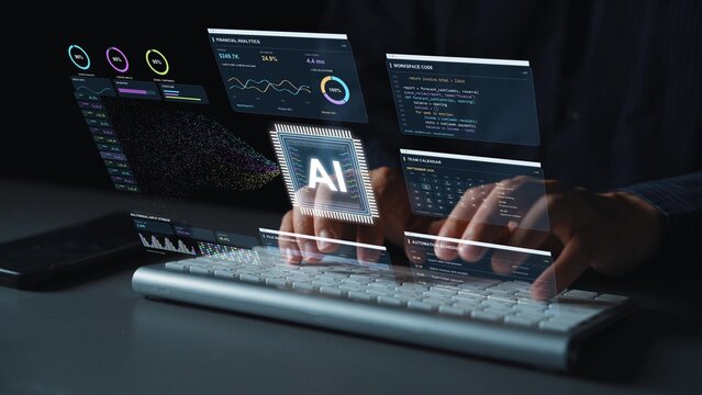 Documents and business events feed an AI system that coordinates finance and scheduling, using connected records and approvals to support task execution
