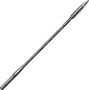 Isolated spearhead with a textured shaft depicted in a simple outline style. This ancient weapon icon represents historical hunting tools and tribal warfare.