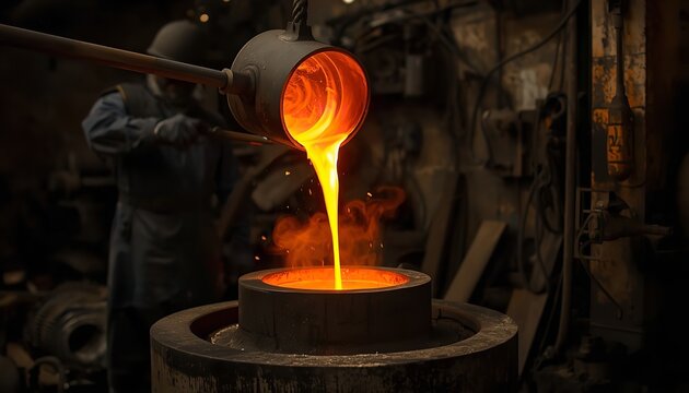 Molten metal glowing intensely while pouring from a heavy industrial ladle into a dark foundry mold during manufacturing production processes