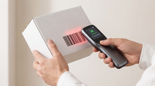 Close-up commercial photography of a person scanning a barcode on a clean white cardboard package using a modern handheld wireless barcode scanner, both hands clearly visible holding the package