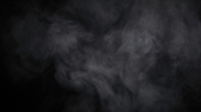 Abstract dark black smoky background with soft swirling gray mist and atmospheric fog spreading naturally across the center, subtle cloud-like smoke texture, deep charcoal gradients, mysterious cinema
