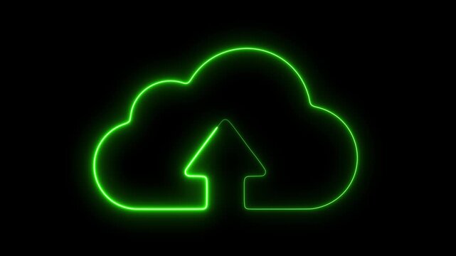 Neon green cloud upload animation, glowing digital data transfer symbol on black background