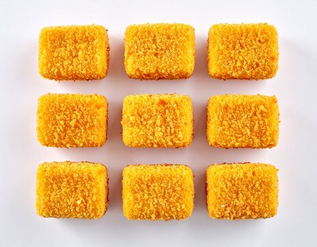 Close-up of nine golden fried cornmeal squares arranged in a grid on white background