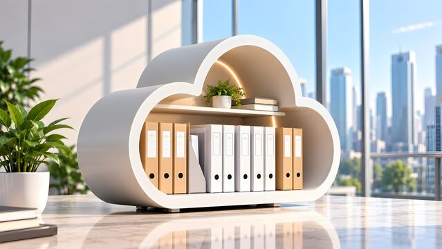 3D render of cloud shaped shelf with physical document binders for hybrid data storage and cloud computing metaphor