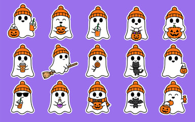 Obraz premium Cute ghost stickers set for Halloween party celebration isolated on transparent background