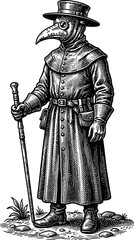 Obraz premium Vintage plague doctor in full costume with beak mask and hat, holding cane, on textured ground, historical medical, isolated illustration