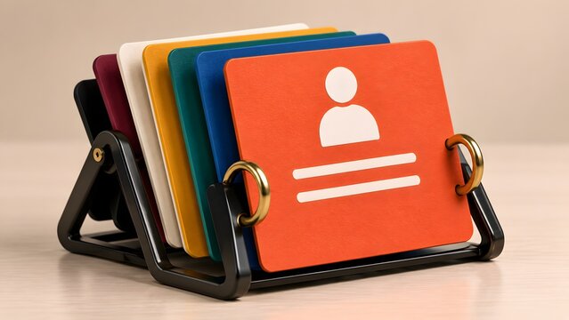 3D render of rotary card file with colorful user profile cards for contact management and human resources