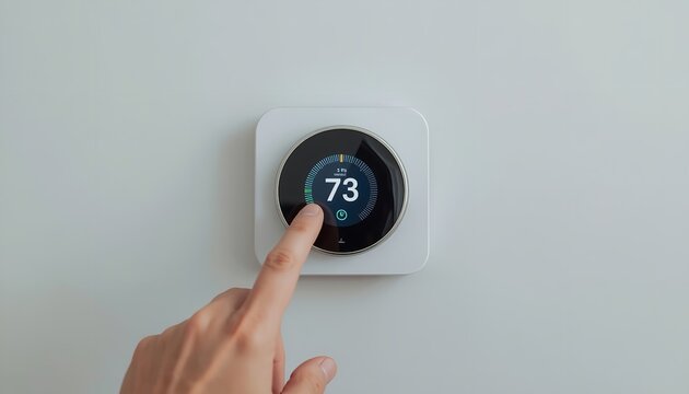 Digital smart thermostat mounted on a white wall shows seventy three degrees while a finger adjusts the climate control settings