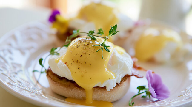 Eggs Benedict on English muffin, poached egg and hollandaise sauce, garnished with fresh thyme and edible flowers, serving gourmet breakfast or brunch