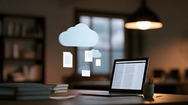 A laptop on a desk with floating cloud icons and document symbols representing digital file storage and cloud computing