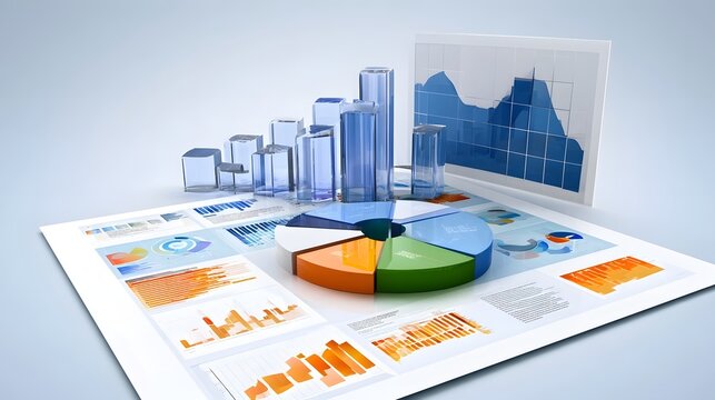 Modern business data visualization with colorful charts  graphs  and 3D bar elements on a clean white surface