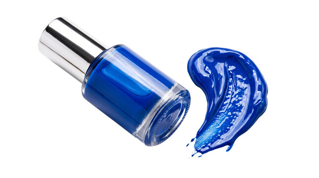 Cobalt blue nail polish bottle with liquid smear, vibrant blue lacquer stroke on white background, professional manicure cosmetic product