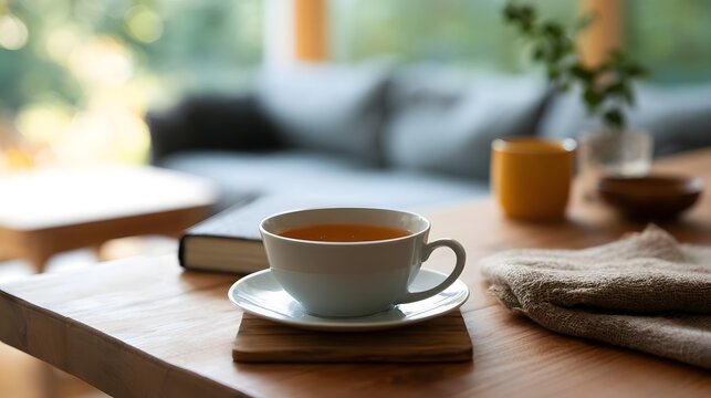 A white teacup filled with tea sits on a wooden table beside a book and a folded cloth napkin  with a blurred background of a cozy living room